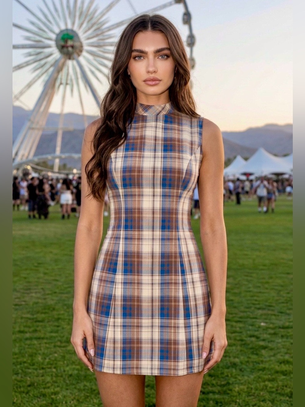 Sleeveless Blue Plaid Mini Dress with High Neck Zipper Closure & Tie Back Belt S